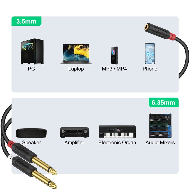 J&D 3.5mm to Dual 1/4 TS Stereo Breakout Cable, Gold Plated Audiowave Series 3.5mm 1/8 inch TRS Female to 2X 6.35mm 1/4 inch TS Male Mono Audio Cable Splitter for Spekers, Amplifiers, Mixs, 6 Feet - Image 4
